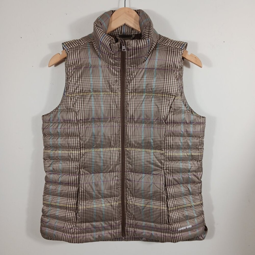 LANDS' END Classic Brown Plaid Puffer Vest, 75 Down/25 Feathers Fill Size Small - Picture 11 of 16